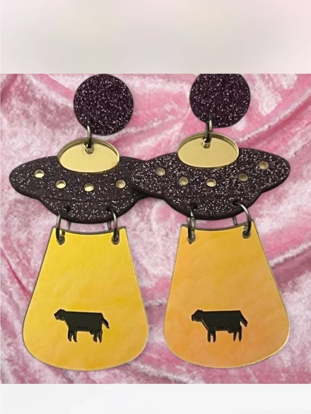 Purple and Yellow UFO Cow Earrings